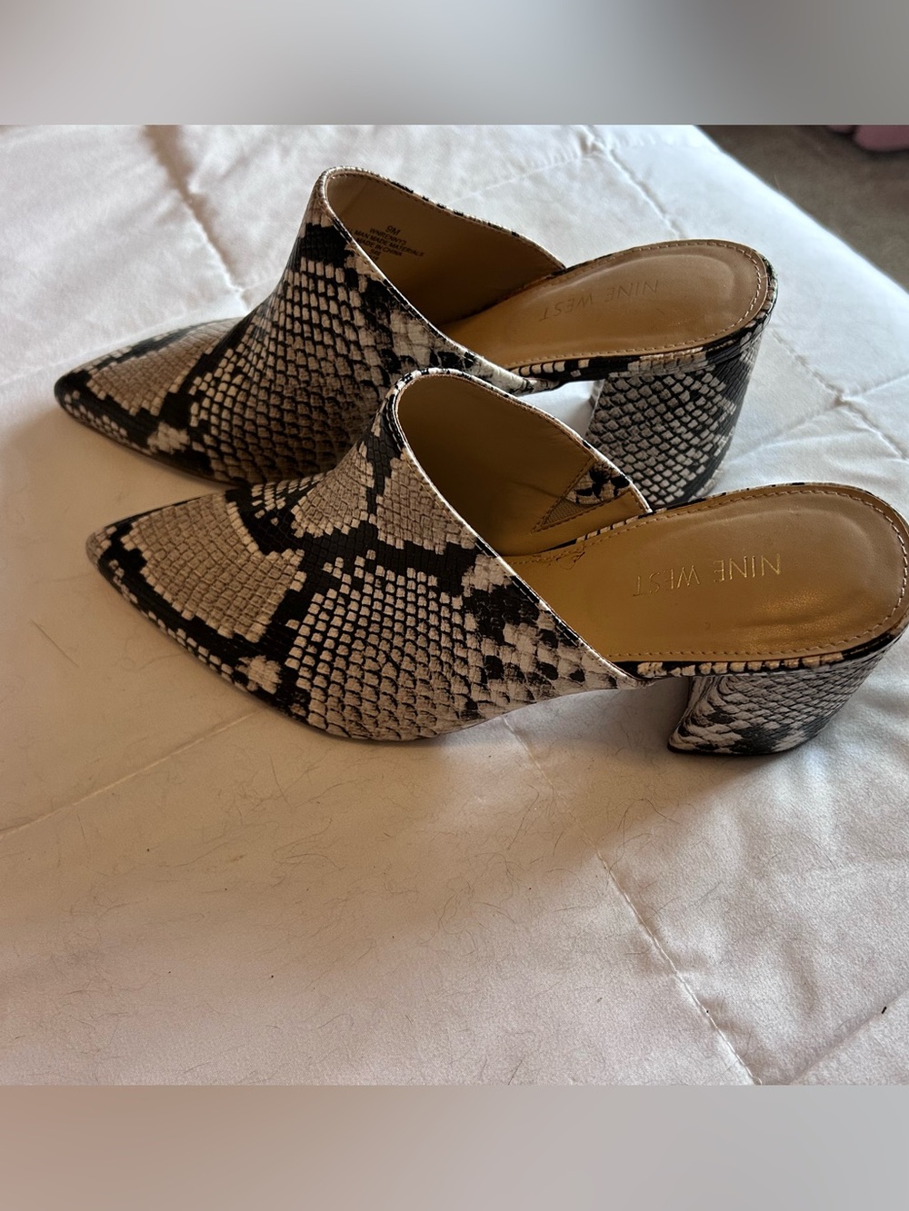 Nine West Black and White Snake-Print Pointed Toe Mules